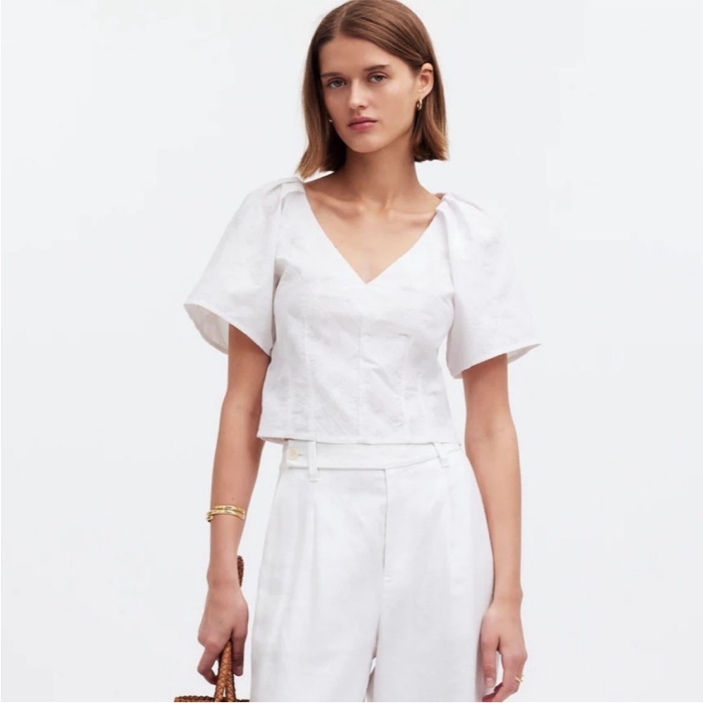 Madewell White V-Neck Puff Sleeve Eyelet Top